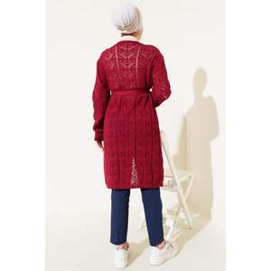 Claret <b>Red</b> Women's Double Pocket Hole Belted Knitwear <b>Cardigan</b> - Product Image 4