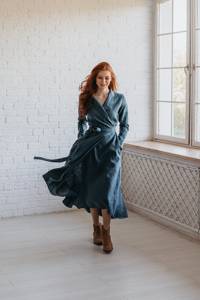 Vestido Midi de lino azul petróleo para mujer, manga larga con cintura Natural, tejido pesado, ecológico, teñido liso para primavera - Product Image 2