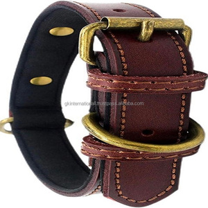 Collar de cuero marrón con relleno suave para perros, accesorios para mascotas con chapado de latón antiguo sólido, directo de fábrica - Product Image 1