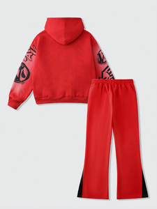 Ensemble survêtement polaire hiver unisexe avec sweat à capuche et pantalon évasé, broderie personnalisée effet vieilli, délavage acide, style streetwear - Product Image 5