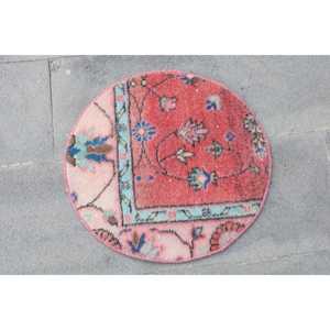 Alfombra Vintage de 1.7x1.7 pies, Alfombra Turca Redonda, Alfombra Ikat Roja y Azul - Product Image 4