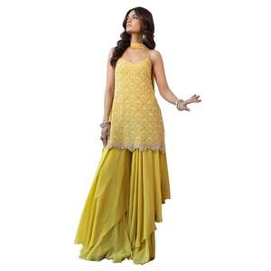 Yellow Sequin Hand Work <b>Kurta</b> Sharara <b>Set</b> in Silk Georgette with Dupatta <b>for</b> Wedding Festive Reception Bridal Wear - Product Image 3