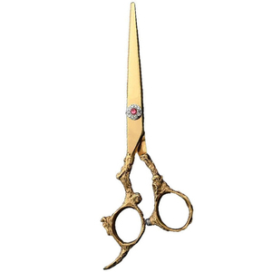 Ciseaux de coiffeur en or de qualité supérieure Offre Spéciale lame mince en acier inoxydable avec pointe pointue et conception de poignée décalée en acier - Product Image 1