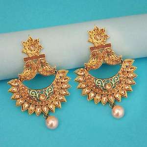 Kriaa Trendy <b>Gold</b>-Plated Brown Austrian Stone <b>Dangle</b> <b>Earrings</b> 1312958-Copper Brass Religious Dangler for Parties Pearl Main - Product Image 1