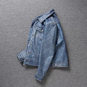 Veste de moto en cuir pour homme Bleu clair Ami Kaki Rétro Graphite Veste en cuir véritable en denim vieilli Veste courte slim - Product Image 4