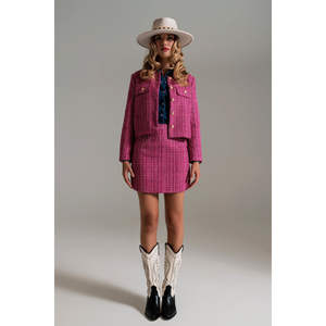 Minifalda de Tweed Rosa con Cintura Imperio de Satén, Botones y Decoración de Plumas, Estampado Vintage, Estilos Lápiz y Cruzado, Talla XS para el Trabajo - Product Image 3