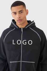 Ensemble de survêtement de jogging pour homme OEM, comprenant un sweat à capuche oversize zippé à manches raglan et surpiqûres contrastées, et un pantalon de survêtement, style pull. - Product Image 5