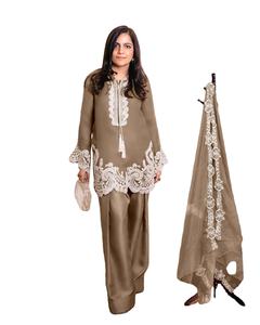 Glamorosa túnica Vichitra Shalwar Kameez con mangas bordadas pesadas y Farsi Salwar con Organza Dupatta L a XXL - Product Image 1