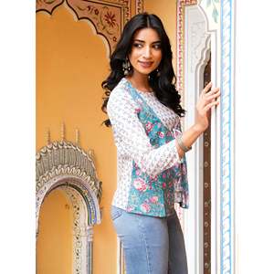 Top de punto para mujer, azul marino, de algodón, estampado a mano - Product Image 6
