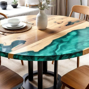 Table à manger ronde en bois d'acacia en résine artisanale moderne de luxe, imperméable pour Diwali, mariage, retraite, condoléances - Product Image 3