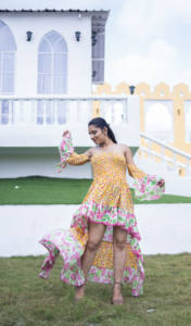 Vibrant Yellow Floral HighLow <b>Dress</b> <b>Off</b> <b>the</b> <b>Shoulder</b> Bell Sleeve Boho Gown Smocked Summer Festival <b>Dress</b> with Ruffle - Product Image 2