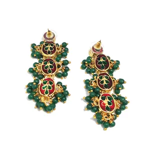 Boucles d'oreilles pendantes Polki Kundan vertes pour femmes, plaquées or, style tendance - Product Image 2