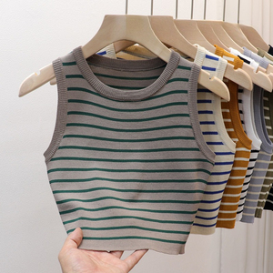 Camisola de estilo Vintage de verano para mujer, chaleco a rayas sin mangas con cuello redondo, Top de punto ajustado de Color sólido - Product Image 3