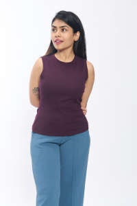 Camiseta sin mangas acanalada de nueva tendencia para mujer, mezcla de poliéster de Color vino, cuello redondo, punto elástico, personalizable de alta calidad - Product Image 5