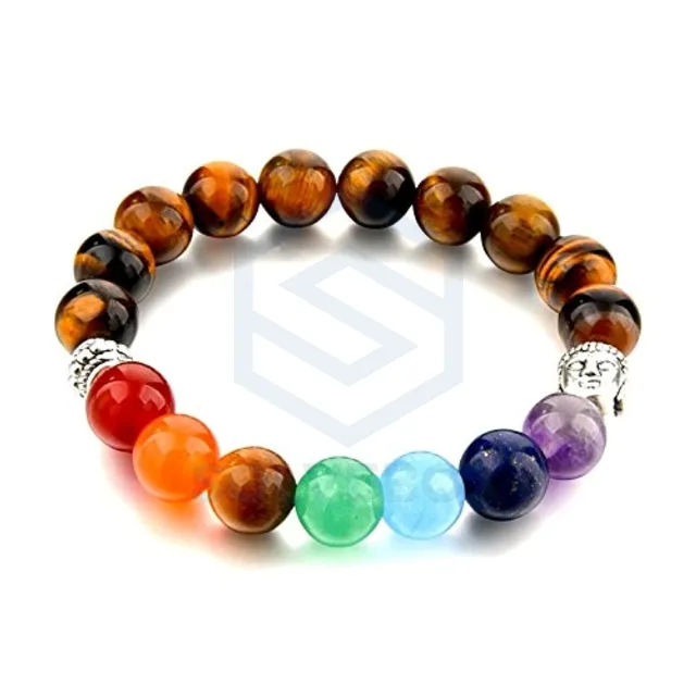 Pulsera de forma redonda de siete chakras de cristal natural hecha a mano con piedras preciosas de ojo de tigre para uso en joyería de SolveBox