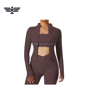 Ensemble de vêtements de sport pour femmes, uni, sans couture, avec fermeture éclair sur le devant, logo, veste de sport extensible et leggings taille haute - Product Image 5