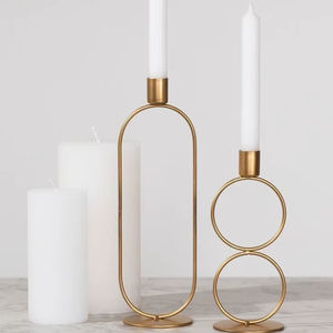 Gold Metal Geometric Oval Circle <b>Taper</b> <b>Candle</b> Holder Set Wedding Dining Table Centerpiece Home Decoration Items Luxury Essential - Product Image 1