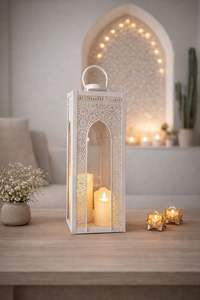 Farol de Ramadán de Oro Blanco Premium con Estrella Creciente, Luz LED Cálida, Tallado Intrincado, Elegante Decoración Festiva para el Hogar, Regalo - Product Image 6