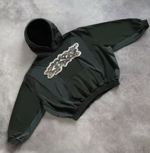 Sweat à capuche personnalisé en pur coton sans cordon de serrage, effet usé, patchwork, vintage, streetwear et délavé à l'acide - Product Image 4