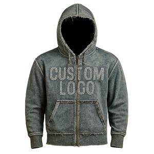 Personalizado Unisex Desgastado Vintage Lavado Cremallera Dobladillo deshilachado Streetwear Chaqueta con capucha rasgada de gran tamaño - Product Image 2