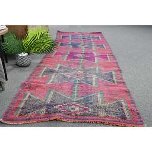 Tapis Vintage Turc Bohème Rose Bleu 2,9X8,7 pieds Grande Surface Patchwork Laine avec Support en Latex pour Couloir ou Chambre - Product Image 4