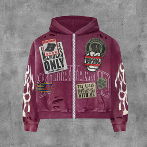 Sudadera con Capucha Personalizada para Hombre, Estilo Color Block, Corte y Costura, con Cierre, Lavado Ácido, Estilo Urbano Corto, con Bordado y Pedrería - Product Image 6