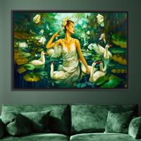 Élégant Panneau Mural Art Déco Scénique « Déesse du Lac des Cygnes » sur Toile de Coton Imprimée, Encadré Transparent, Prêt à Accrocher, Idéal pour Anniversaire