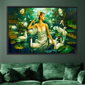 Art mural élégant « Déesse du Lac des Cygnes » sur toile de coton imprimée, TOILE ENCARTÉCHÉE NOIRE - Product Image 1