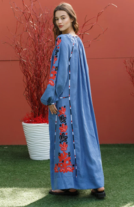 Robe en coton à manches longues et col en v brodé, vêtement de fête en coton, vente en gros - Product Image 4