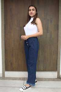 กางเกงยีนส์ผ้าเดนิมแต่งได้สำหรับผู้หญิง, กางเกงยีนส์ทรงตรงขากระบอกทรงหลวมมีกระดุมสี่เม็ดสำหรับงานปาร์ตี้เซ็กซี่ย้อมสีธรรมดาเอวโลโก้ - Product Image 3