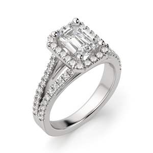 Emerald Cut <b>Split</b> Shank Halo Moissanite Engagement <b>Ring</b> - Product Image 1