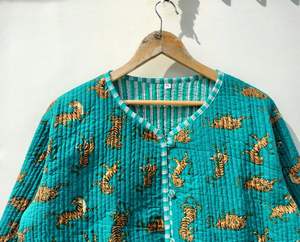 Tigre main bloc imprimé réversible matelassé coton veste femmes Style bohème manteau vert Floral décontracté hiver vêtements d'extérieur - Product Image 2