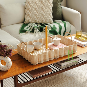 Bandeja de mimbre redonda personalizada HNH Craft con soporte, bandeja de mimbre Natural para exhibición de alimentos, mesa auxiliar de ratán para sala de estar y dormitorio - Product Image 6