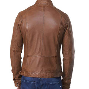 Veste en cuir de motard marron premium, veste bomber en cuir de moto marron classique asymétrique avec ceinture, veste authentique pour homme - Product Image 5