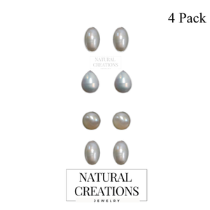 925 Sterling <b>Silver</b> <b>Pearl</b> Natural Pear Round Oval Shape Butterfly Lock Stud <b>Earrings</b> Classic Style Bezel Setting Pack of 4 Pairs - Product Image 3