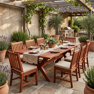 Outdoor Solid Teak Wood <b>Dining</b> Table X Base Slatted Top Rectangular Wooden Table Patio Garden Setup Art Design Decor - Product Image 5