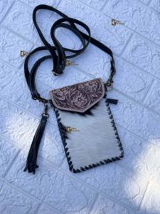 Women' Use Phone <b>Purse</b> Handbag Real Cowhide Fur Hand Tooled Carving <b>Leather</b> Fringe Bag <b>Small</b> Size Bags Pouch Designer Bag - Product Image 3