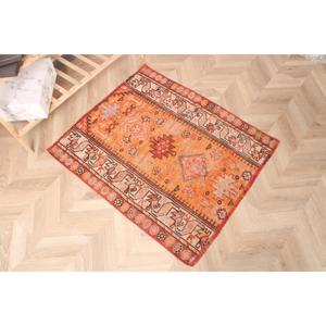 Alfombra Turca Vintage Ecológica de 2.9x3.3 pies, con Parches Naranjas de Lana y Base de Látex - Product Image 3