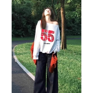 Gold Lianti American <b>Retro</b> High Street off Shoulder Capless Sweatshirt Lazy Top Full Sleeve Polo Collar Female Clothing - Product Image 4