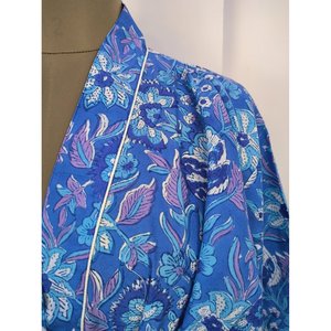 Robe d'été Boho Aqua Blue, Kimono en coton indien imprimé à la main, Luxe Floral Rose, Couverture de maternité - Product Image 2