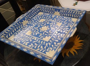 Bandeja para servir con incrustaciones de hueso de inspiración marroquí morisca, diseño estampado, otomano y bandeja decorativa para uso multiusos - Product Image 2