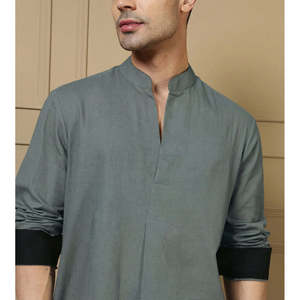 Ensemble Kurta et pantalon en coton gris uni pour homme Amanush, manches longues, col mandarin, tenue décontractée d'été, ensemble coordonné 2 pièces - Product Image 2