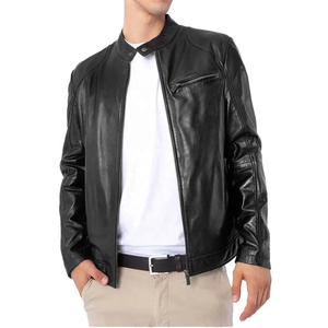 Chaqueta de cuero genuino negra para hombre con cuello alto y cremallera, estilo motociclista, cortavientos - Product Image 1