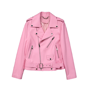 Veste de moto classique en cuir de mouton véritable pour femme manteau à glissière rose pour la saison d'automne - Product Image 1