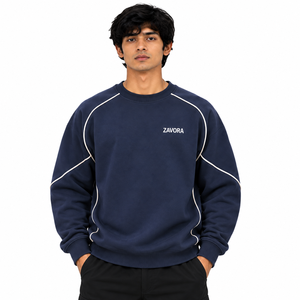 OEM Contrast Piping Men's <b>Navy</b> Crew Neck <b>Sweatshirt</b> Regular Fit 100% Cotton Fleece Pullover Casual Winter Wear Custom Logo - Product Image 1