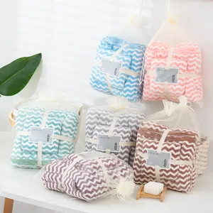 Soft Super Absorbent Cheap Gift Solid And Striped Microfiber Coral Fleece Bathroom Bath Towel Sets