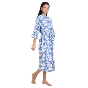 Boho-Kimono Style Lightweight Cotton Housecoat with Hand-Drawn Indian Floral Print 1-Piece - Product Image 3