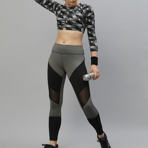 High Waist Color Blocked Yoga Leggings Full Length Mesh Panel Spandex Nylon Four-Way Stretch Pants - Product Image 3