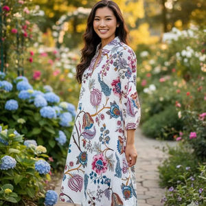 Robe tunique en coton à imprimé floral à la main, manches longues, robe bohème pour femmes - Product Image 1