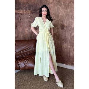 Yellow Wrap-Neck <b>Muslin</b> Linen <b>Dress</b> - Yellow - Product Image 1